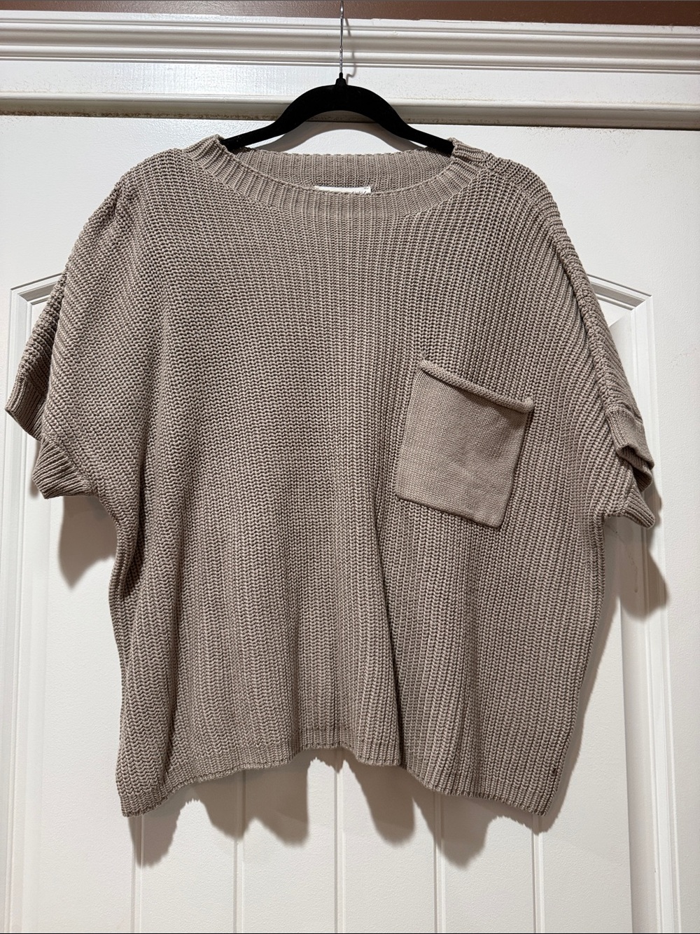 She + Sky Taupe Short Sleeve Crewneck Sweater with Pocket Detail